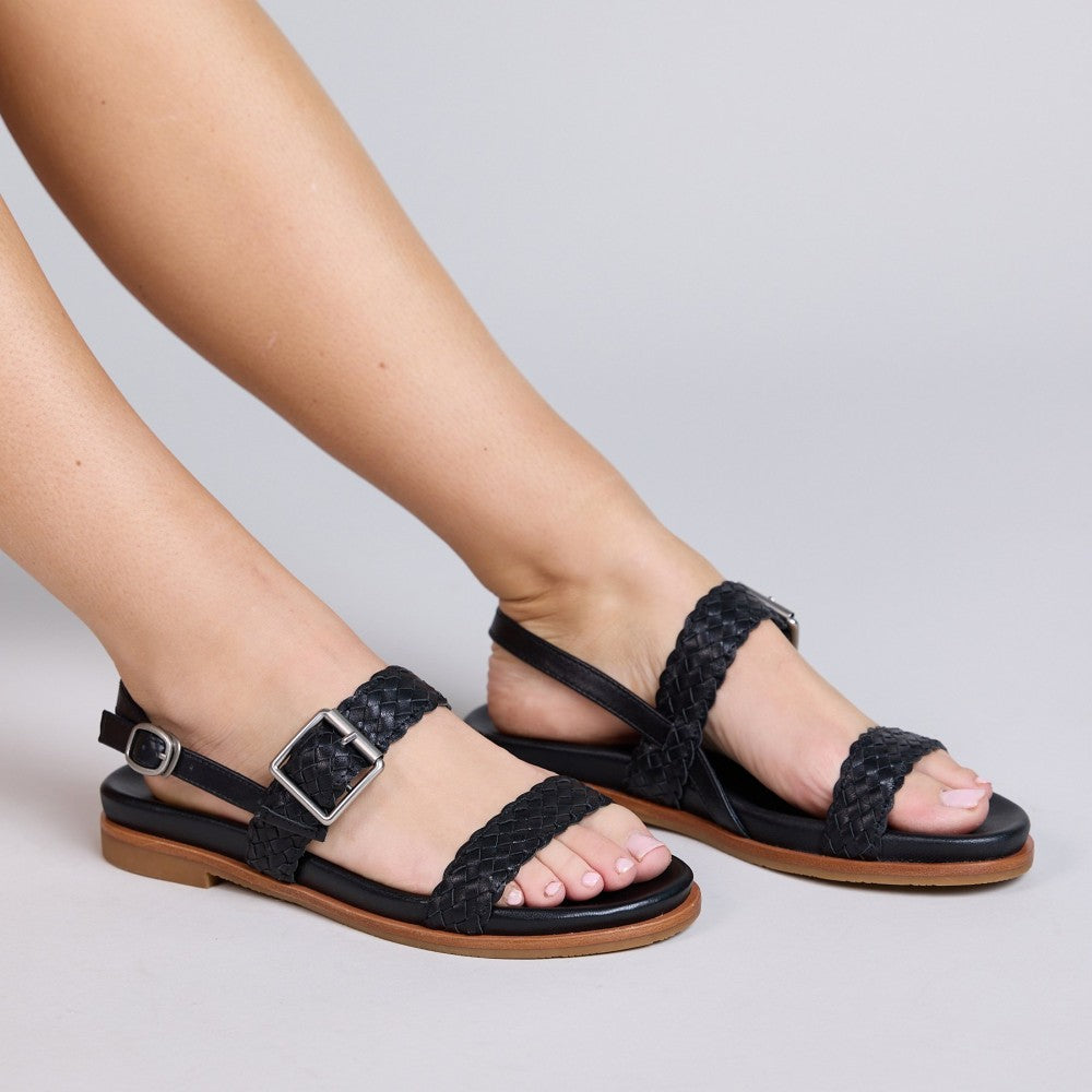 Emu Hyams Women's Cushioned Leather Cross Weave Buckle Sandal Black