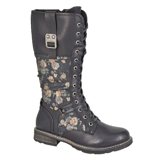 Cipriata Abela Women's Lace & Zip Up Mid Calf Biker Boot Black/Floral