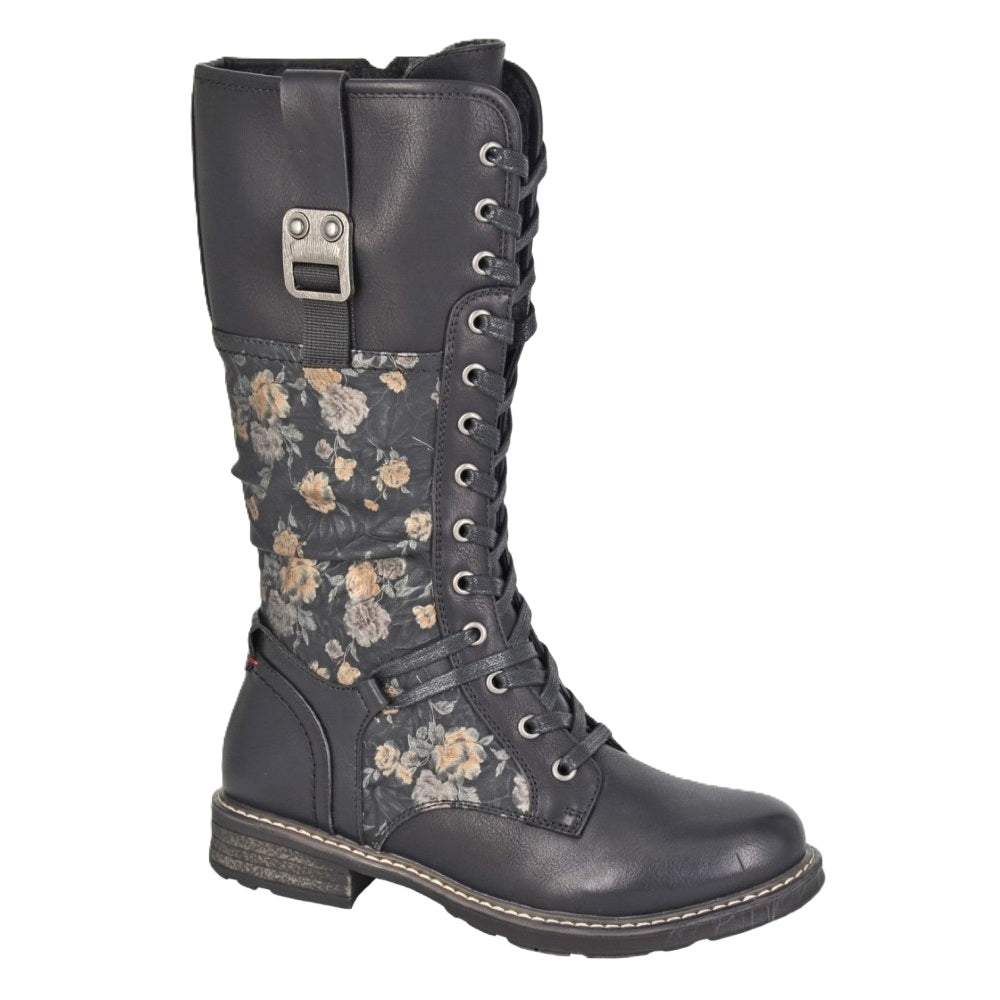 Cipriata Abela Women's Lace & Zip Up Mid Calf Biker Boot Black/Floral