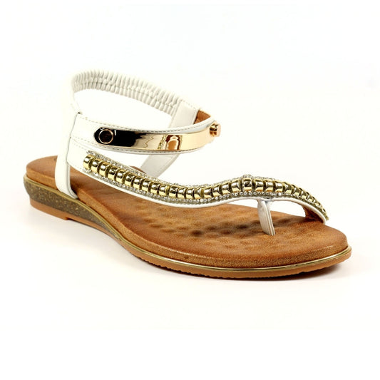 Lunar Asia Women's Gold Plated and Diamante Decorated Toe Loop Sandal White