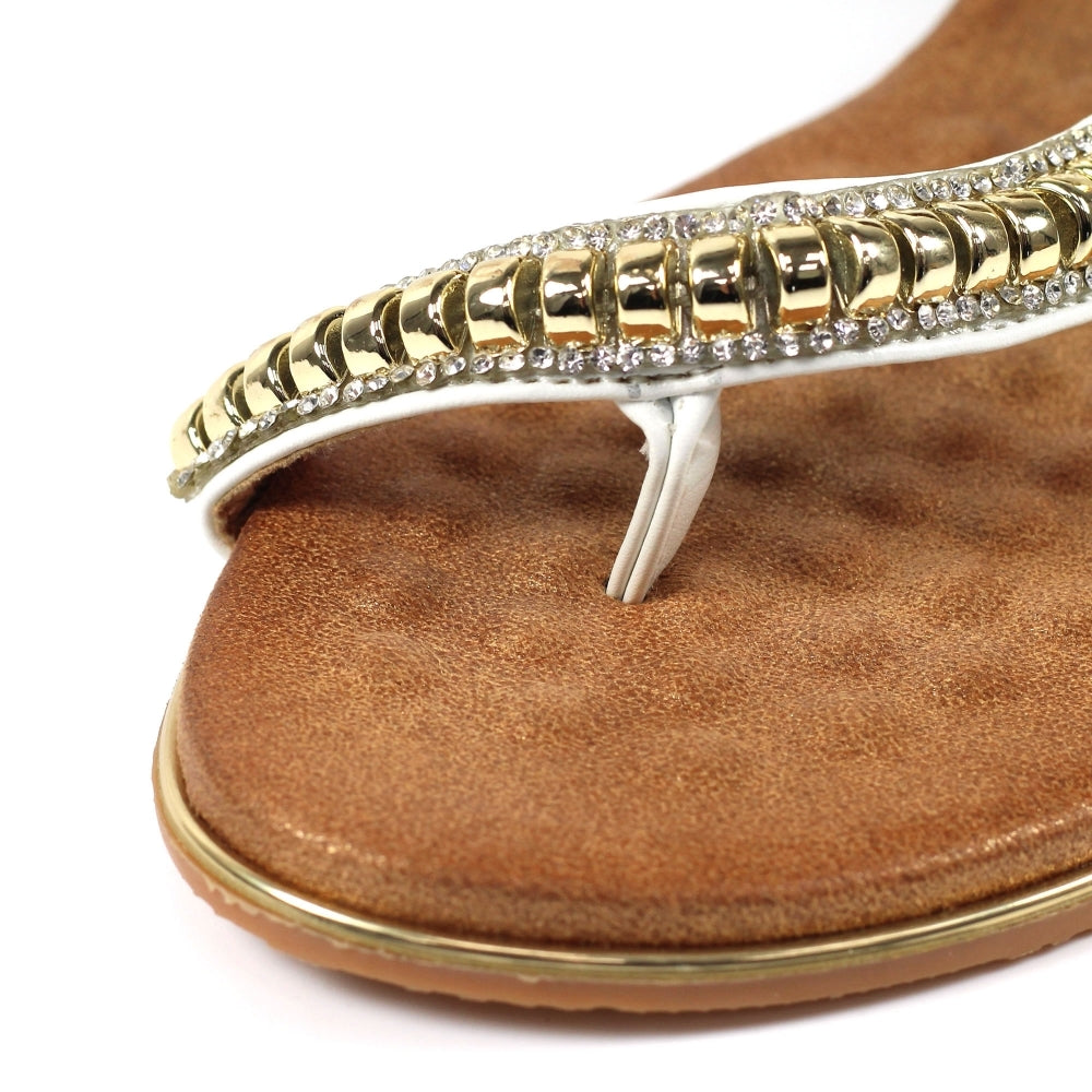 Lunar Asia Women's Gold Plated and Diamante Decorated Toe Loop Sandal White