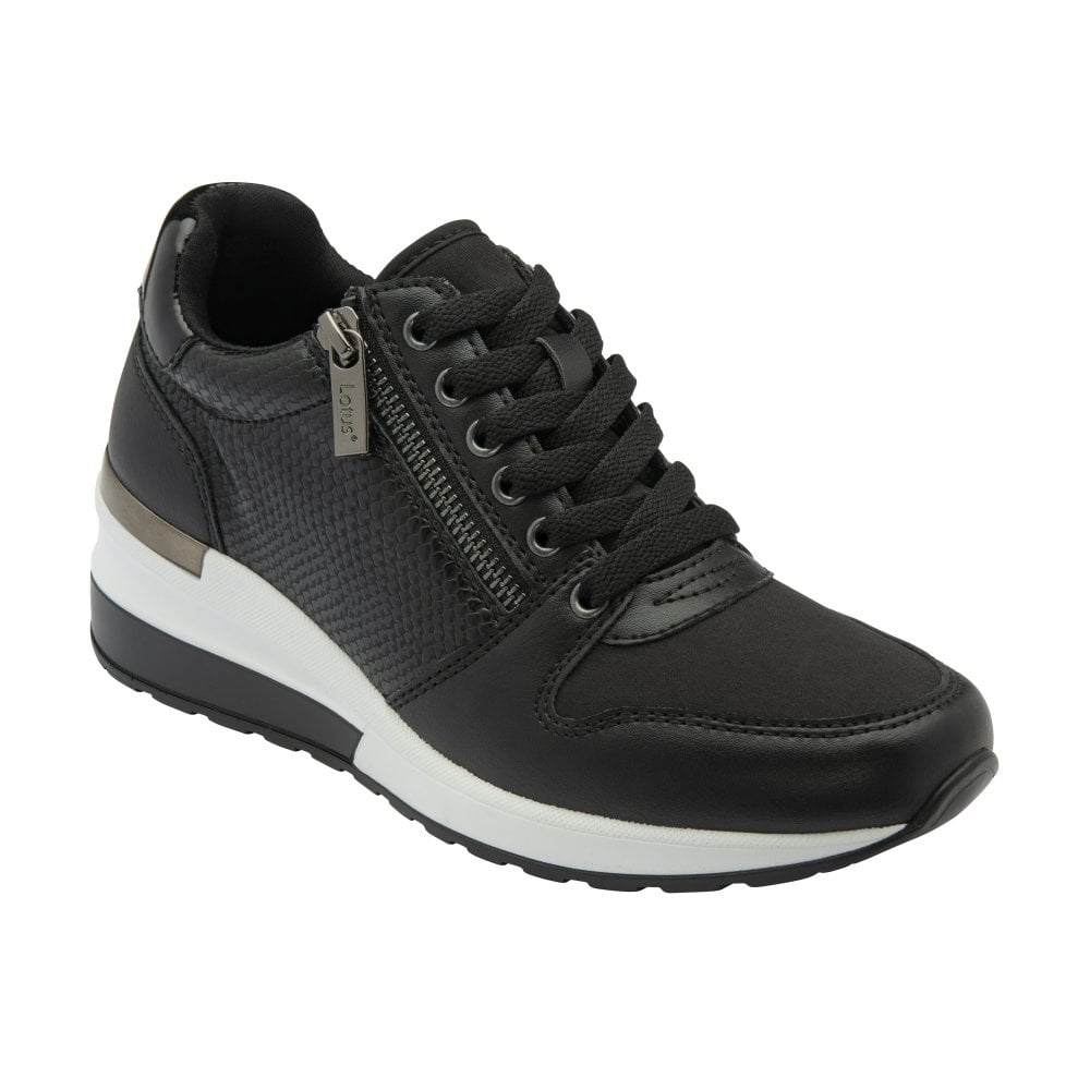 Lotus Isabella Women's Lace Up / Zip Up Wedge Trainer Black
