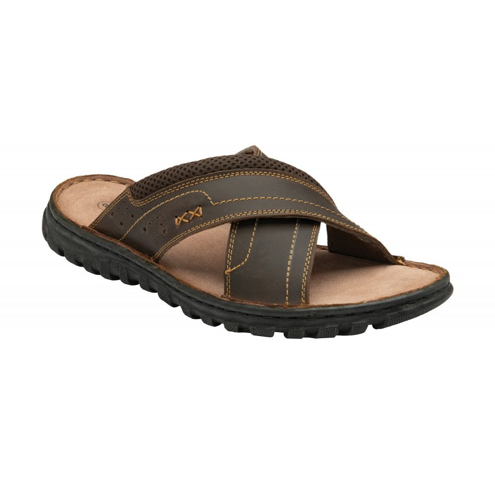 Lotus Mikey Men's Leather Cross Strap Slip On Mule Slider Sandal Brown
