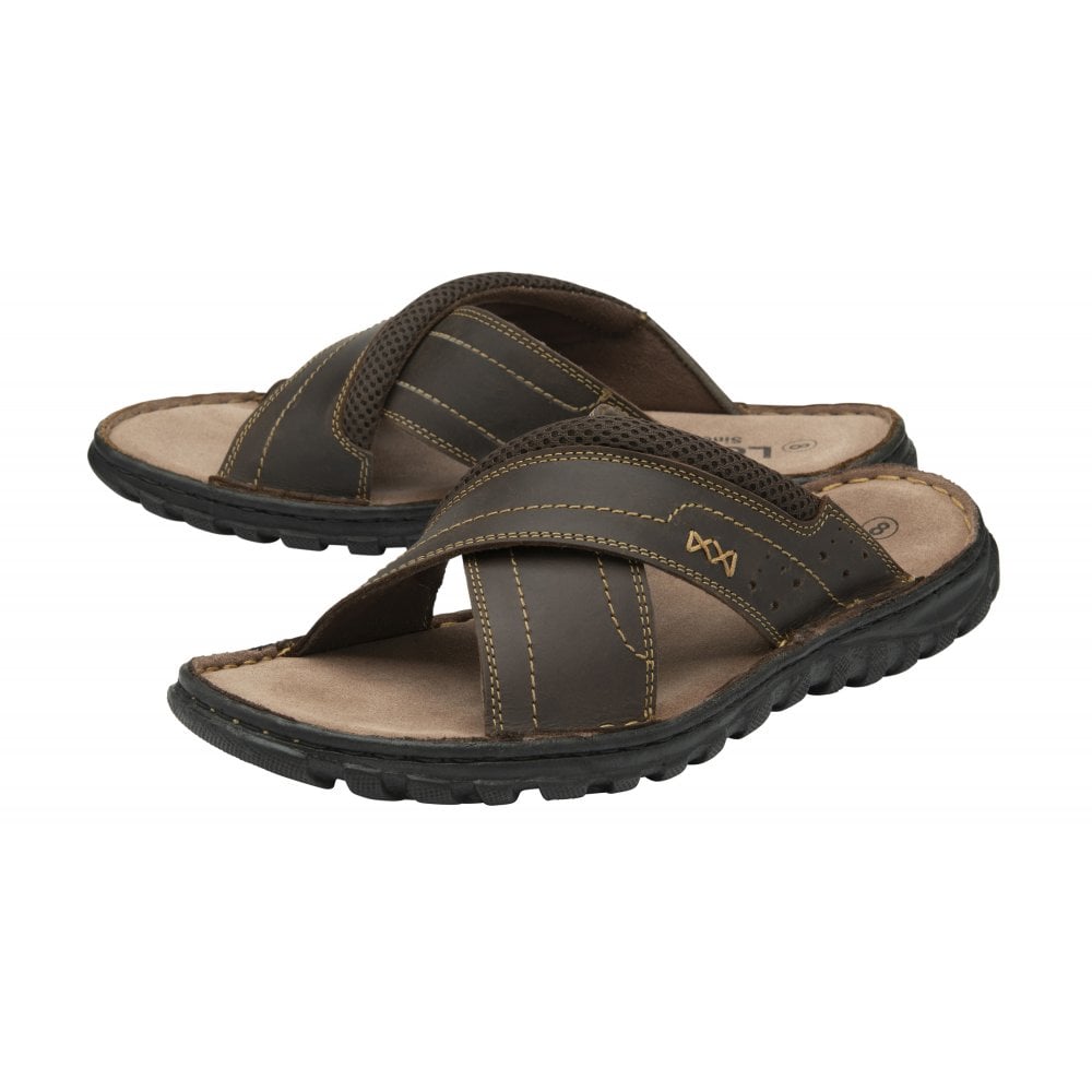 Lotus Mikey Men's Leather Cross Strap Slip On Mule Slider Sandal Brown