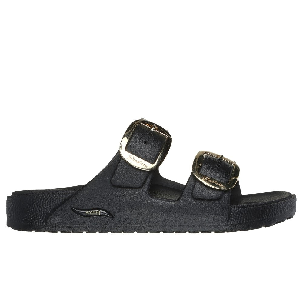 Skechers Foamies Arch Fit Cali Breeze 2.0 Gold Star Women's Twin Buckle Slip On Slider Sandal Black