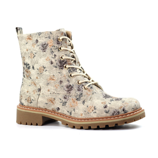 Lunar Dazzle Women's Combat Style Lace Up / Zip Up Ankle Boot Floral Beige
