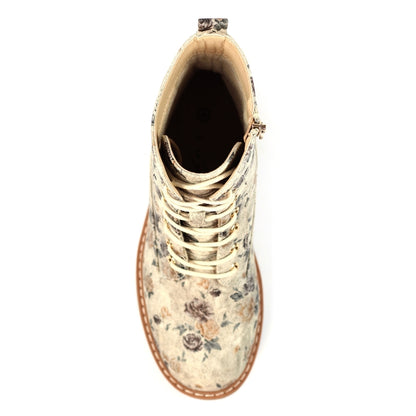 Lunar Dazzle Women's Combat Style Lace Up / Zip Up Ankle Boot Floral Beige