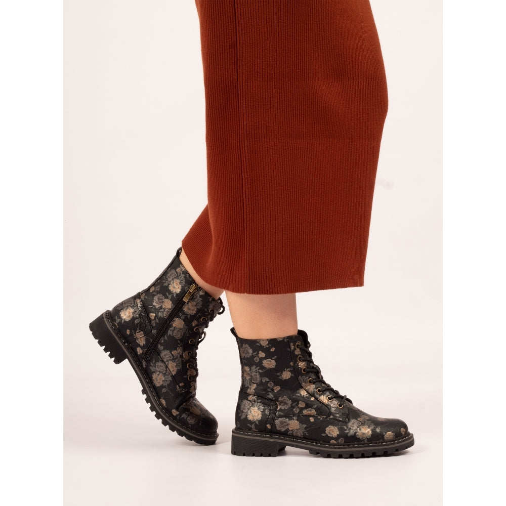 Lunar Dazzle Women's Combat Style Lace Up / Zip Up Ankle Boot Floral Black