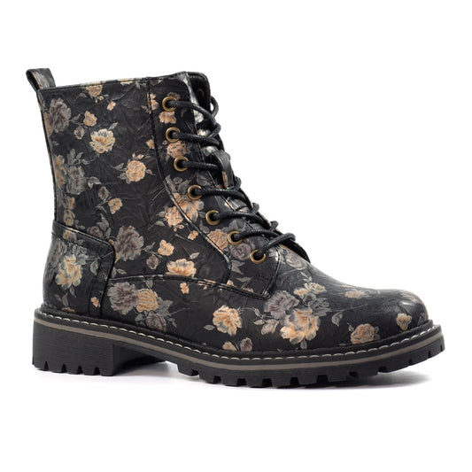 Lunar Dazzle Women's Combat Style Lace Up / Zip Up Ankle Boot Floral Black