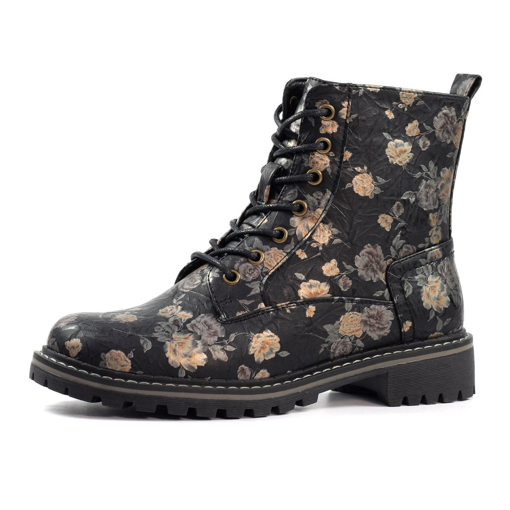 Lunar Dazzle Women's Combat Style Lace Up / Zip Up Ankle Boot Floral Black