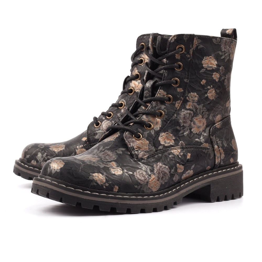 Lunar Dazzle Women's Combat Style Lace Up / Zip Up Ankle Boot Floral Black