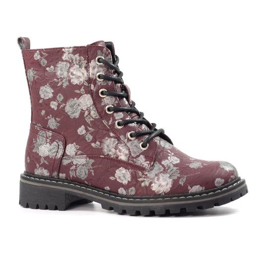 Lunar Dazzle Women's Combat Style Lace Up / Zip Up Ankle Boot Floral Burgundy