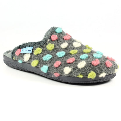 Lunar Montreal Women's Padded Insole Polka Dot Mule Slipper Grey MACHINE WASHABLE