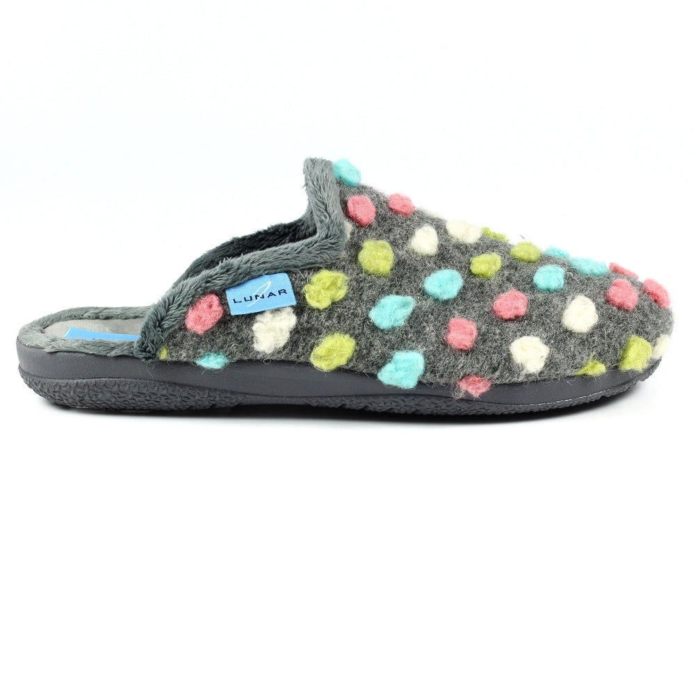 Lunar Montreal Women's Padded Insole Polka Dot Mule Slipper Grey MACHINE WASHABLE