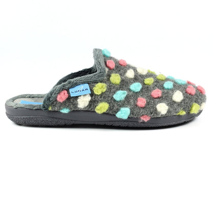 Lunar Montreal Women's Padded Insole Polka Dot Mule Slipper Grey MACHINE WASHABLE