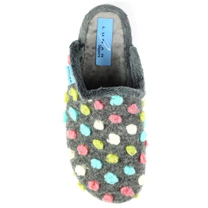 Lunar Montreal Women's Padded Insole Polka Dot Mule Slipper Grey MACHINE WASHABLE