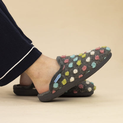 Lunar Montreal Women's Padded Insole Polka Dot Mule Slipper Grey MACHINE WASHABLE
