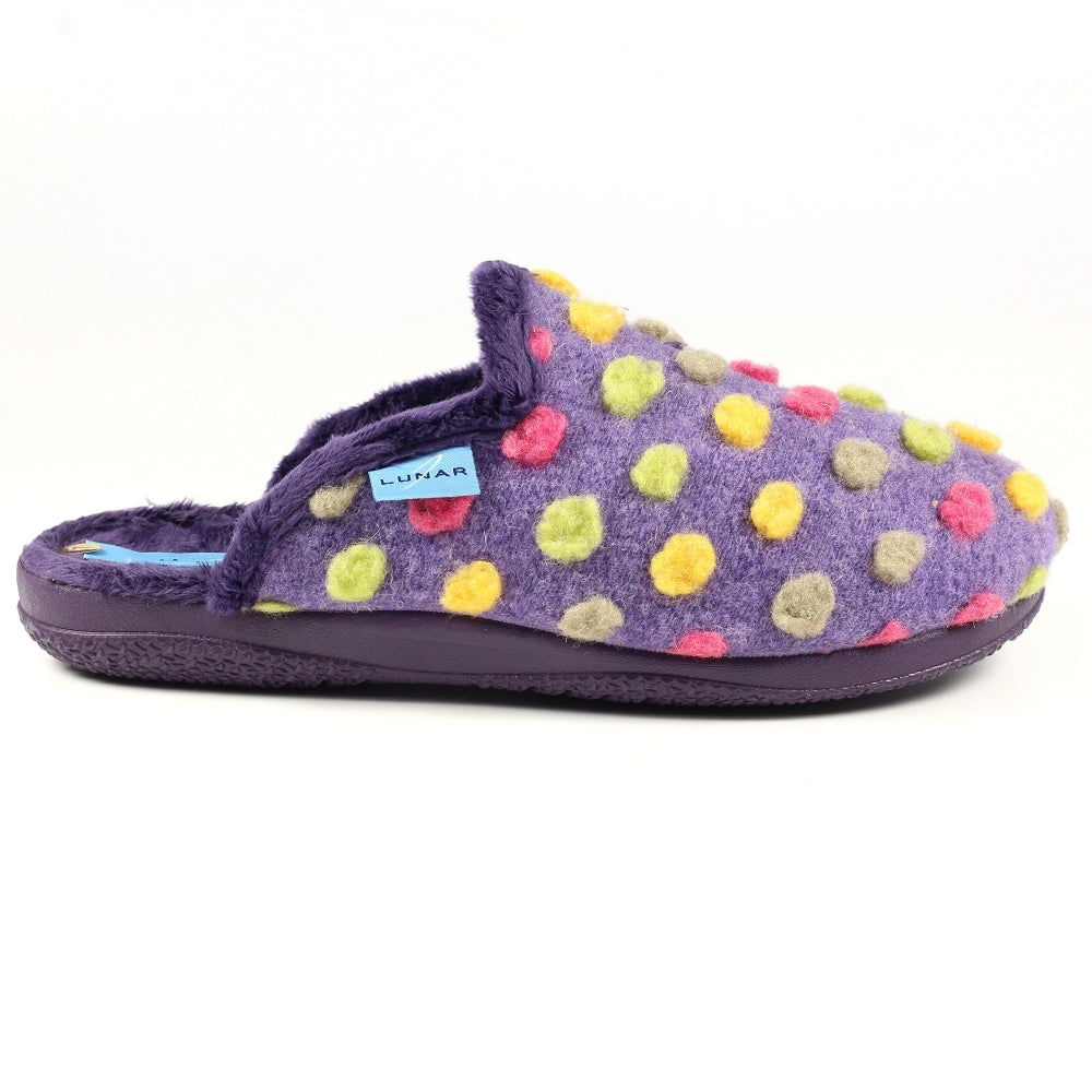 Lunar Montreal Women's Padded Insole Polka Dot Mule Slipper Purple MACHINE WASHABLE