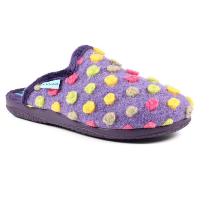 Lunar Montreal Women's Padded Insole Polka Dot Mule Slipper Purple MACHINE WASHABLE