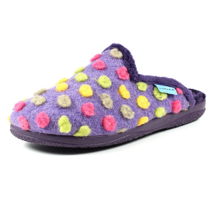Lunar Montreal Women's Padded Insole Polka Dot Mule Slipper Purple MACHINE WASHABLE