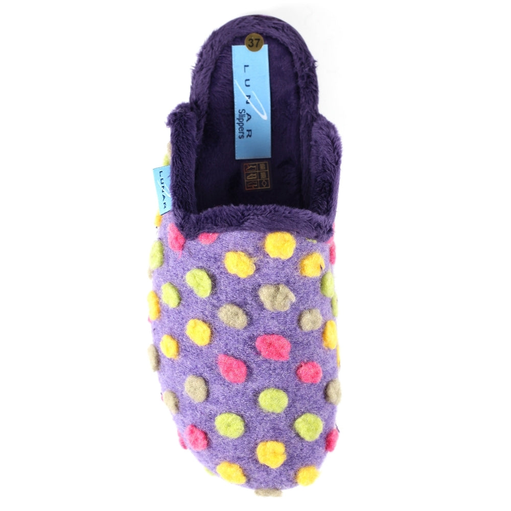 Lunar Montreal Women's Padded Insole Polka Dot Mule Slipper Purple MACHINE WASHABLE
