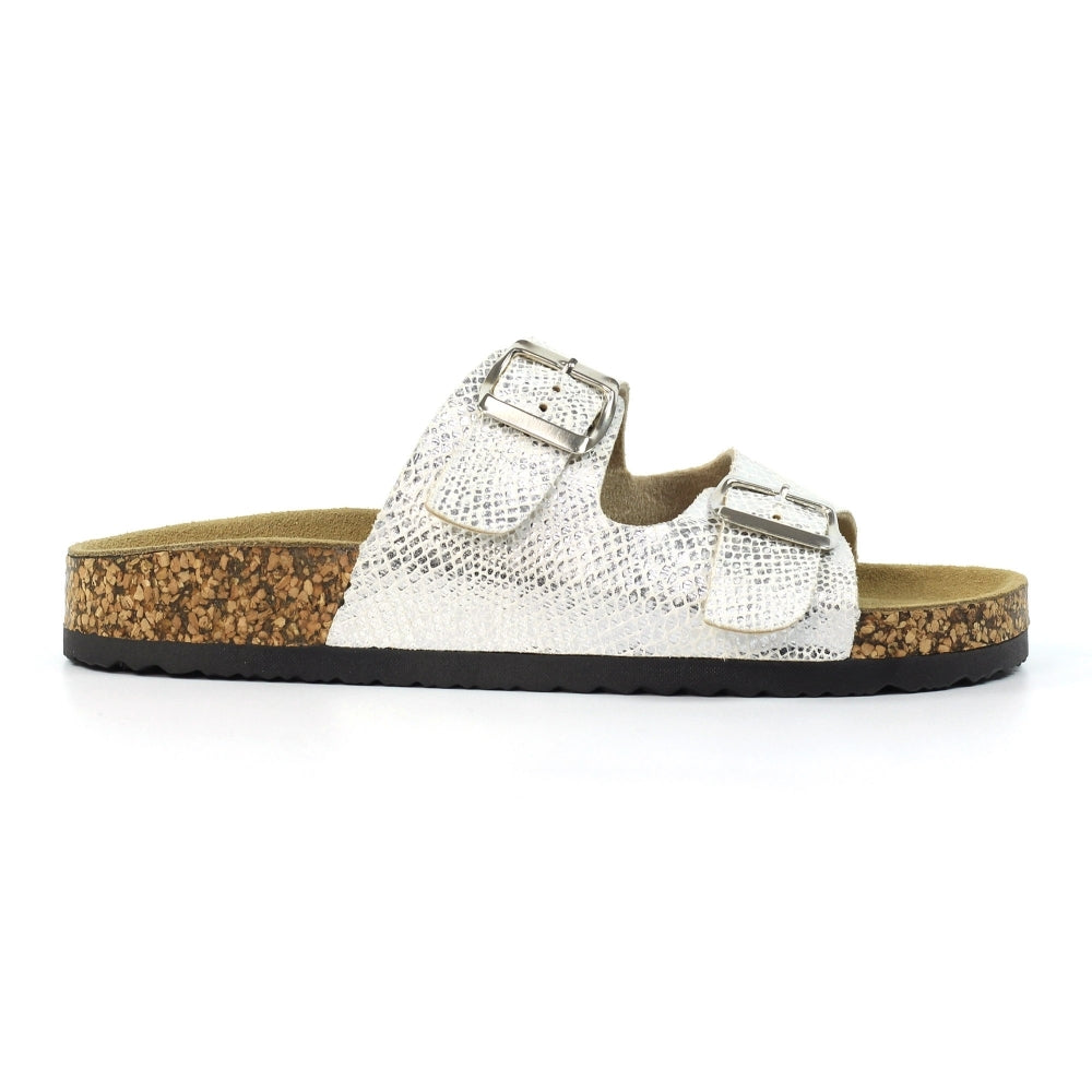 Lunar Mykonos Women's Snakeskin Print Twin Buckle Sandal Silver