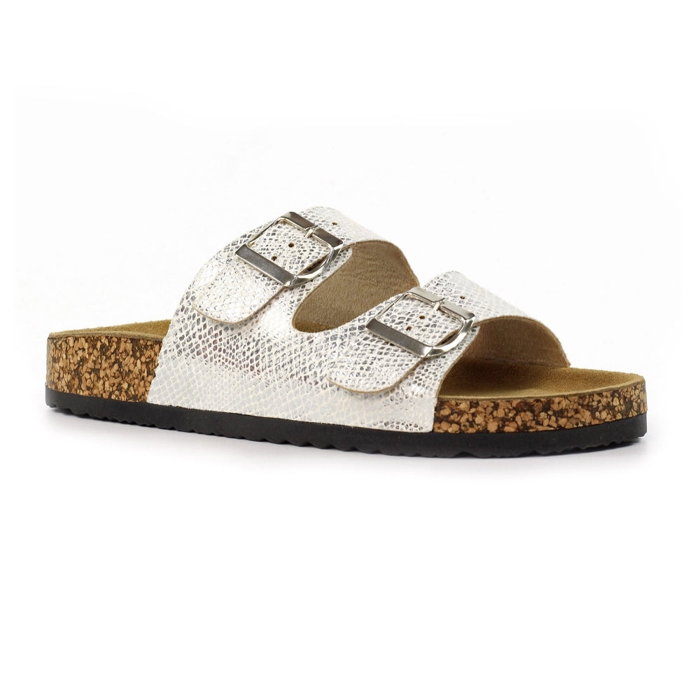 Lunar Mykonos Women's Snakeskin Print Twin Buckle Sandal Silver