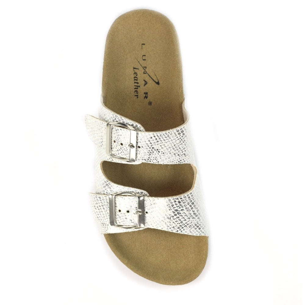Lunar Mykonos Women's Snakeskin Print Twin Buckle Sandal Silver