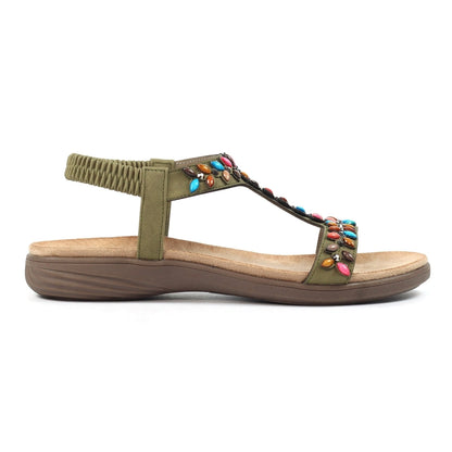 Lunar Ravello Women's Beaded T-Bar Slip on Sandal Khaki