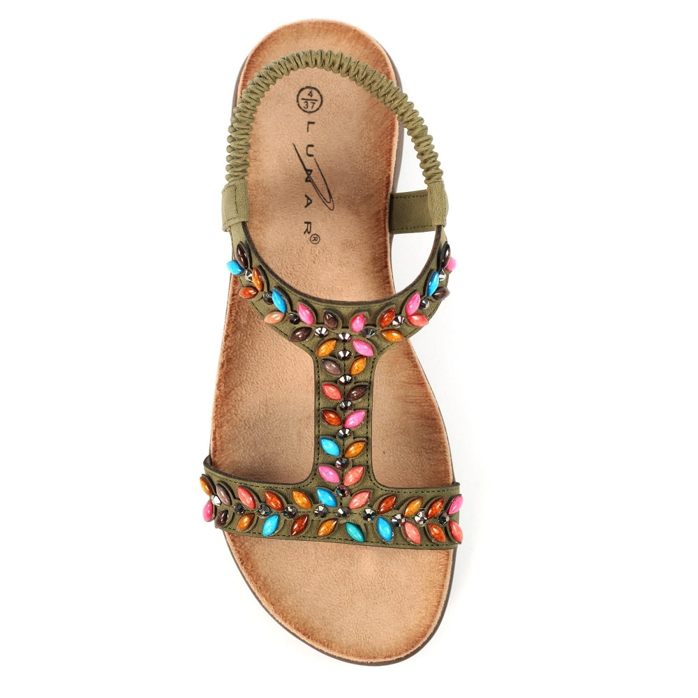 Lunar Ravello Women's Beaded T-Bar Slip on Sandal Khaki