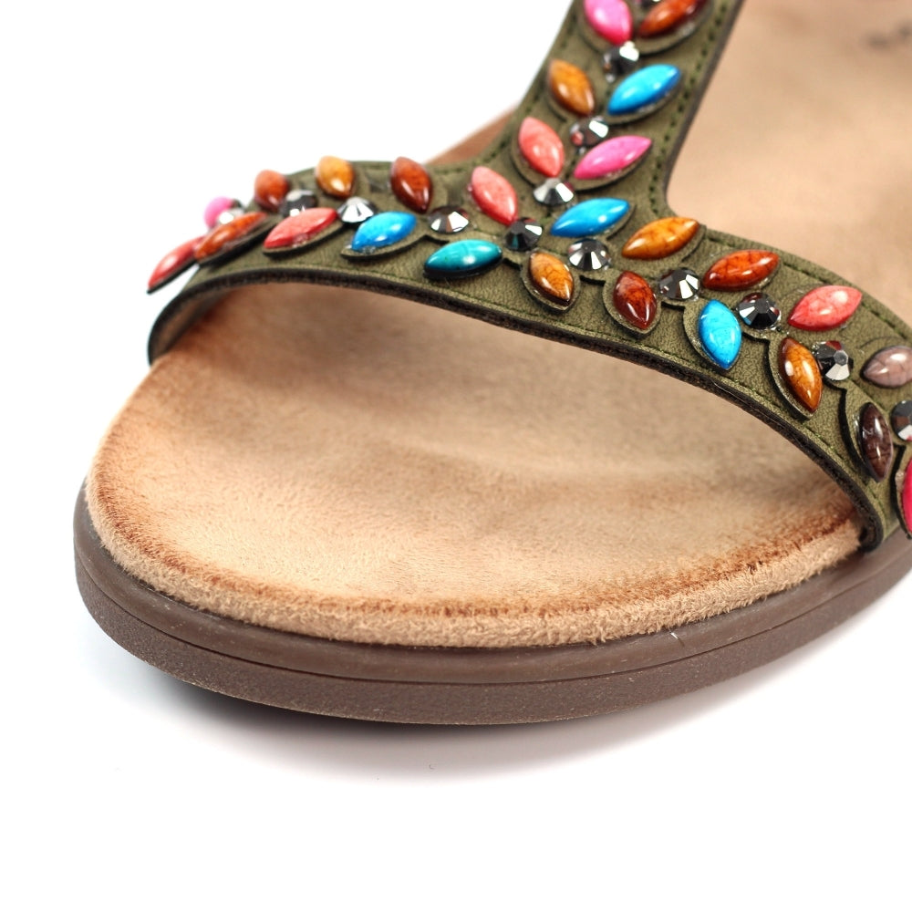 Lunar Ravello Women's Beaded T-Bar Slip on Sandal Khaki