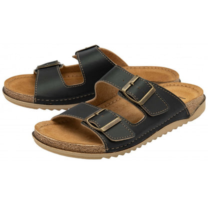 Lotus Rome Women's Twin Buckle Slide On Sandal Black