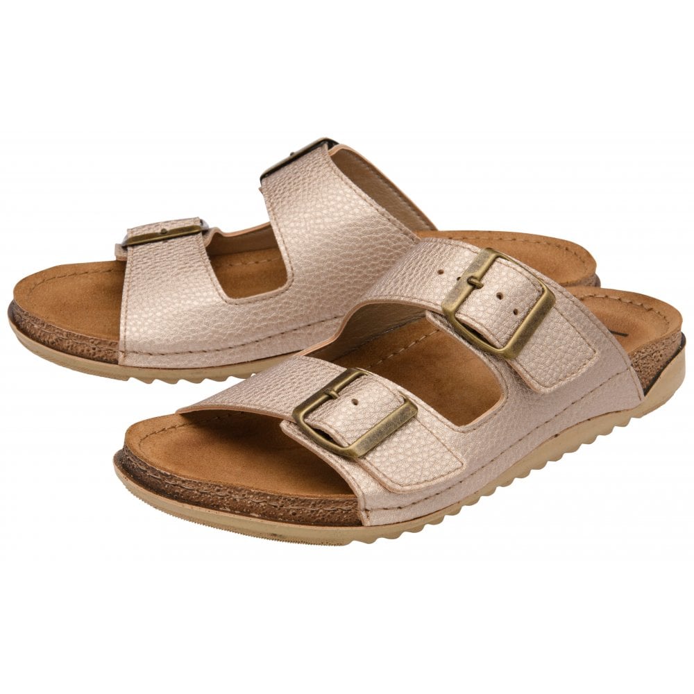 Lotus Rome Women's Twin Buckle Slide On Sandal Platino