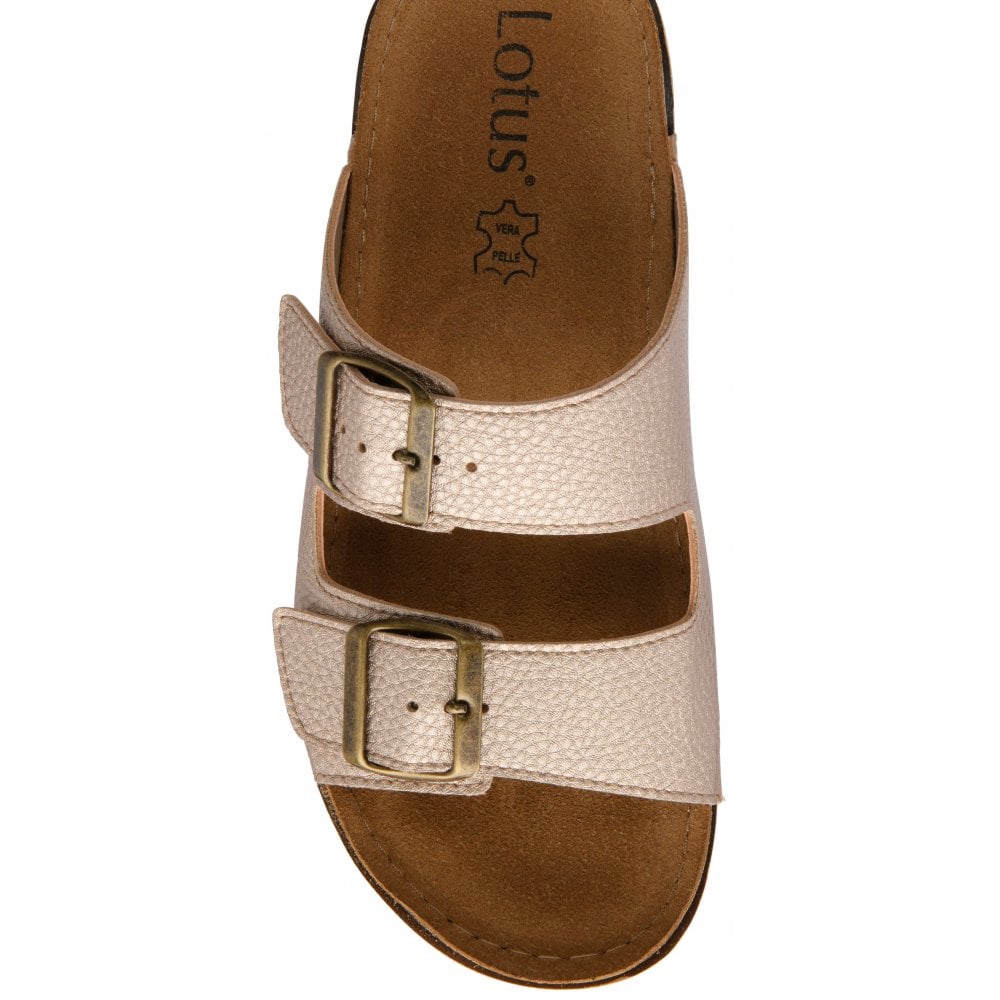 Lotus Rome Women's Twin Buckle Slide On Sandal Platino
