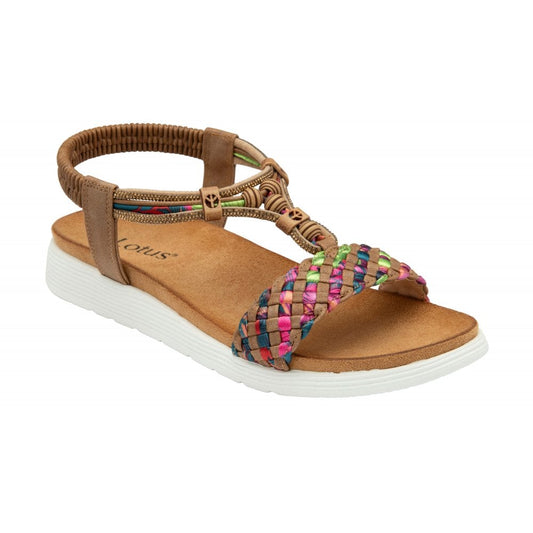 Lotus Russo Women's Multicolour Woven T-Bar Slingback Sandal Tan