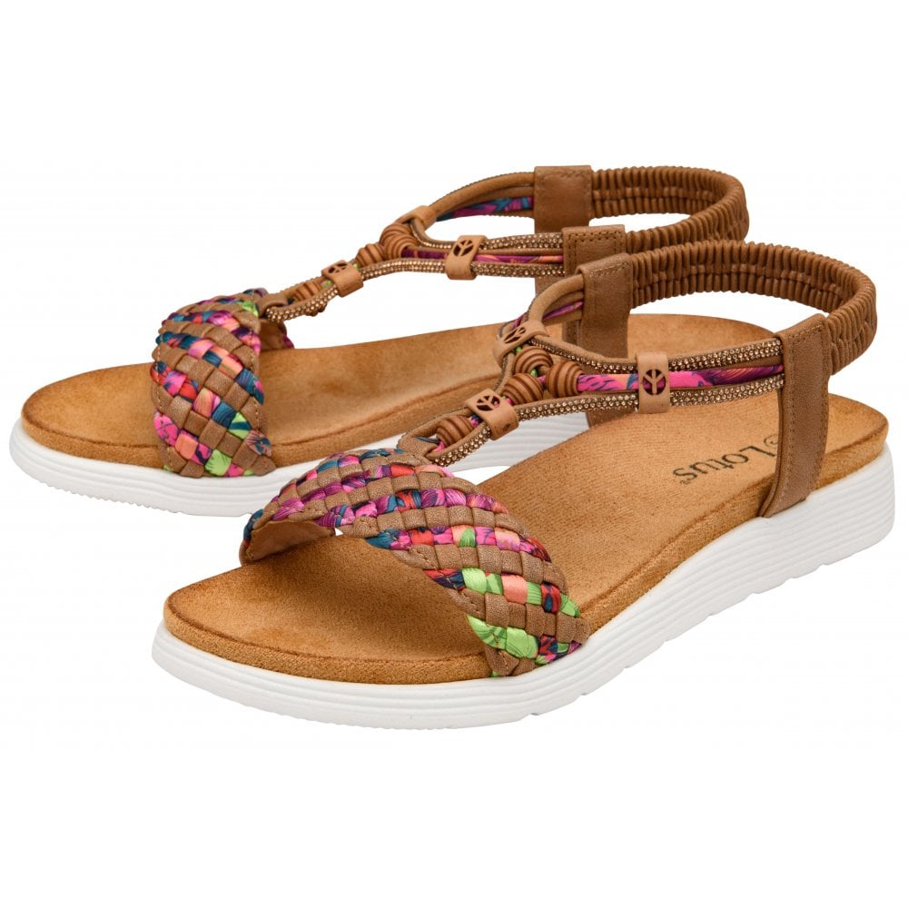 Lotus Russo Women's Multicolour Woven T-Bar Slingback Sandal Tan