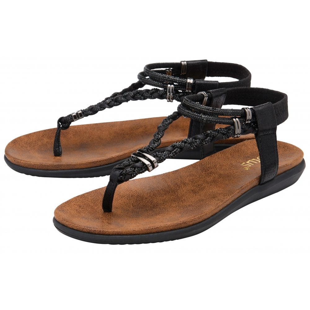Lotus Sol Women's Elasticated Slingback Toe Post Sandal Black