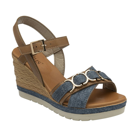Lotus Solena Women's Ankle Strap Open Toe Wedge Sandal Tan / Denim