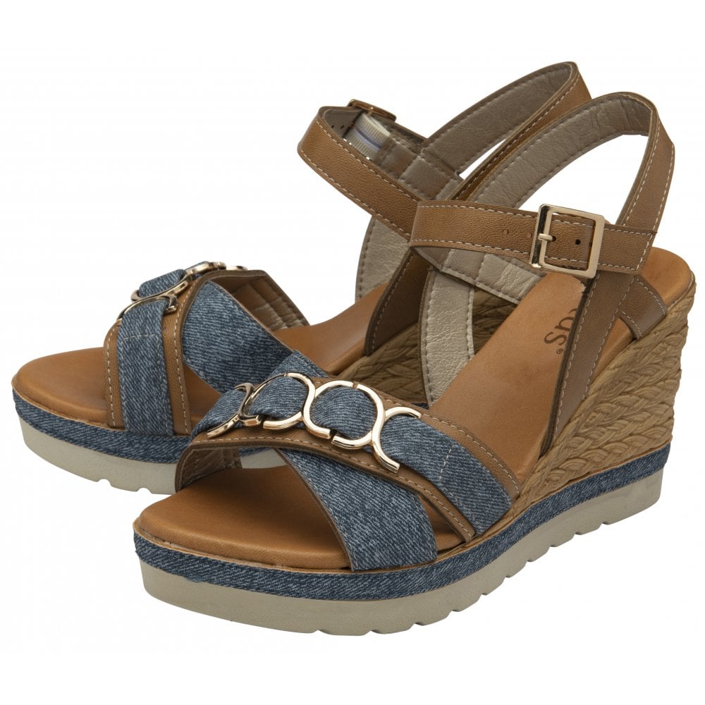 Lotus Solena Women's Ankle Strap Open Toe Wedge Sandal Tan / Denim