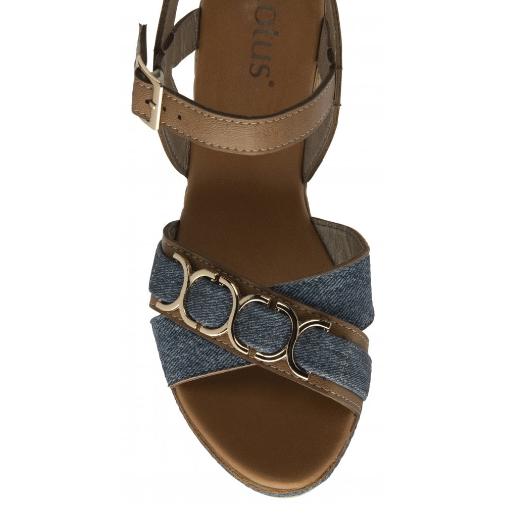 Lotus Solena Women's Ankle Strap Open Toe Wedge Sandal Tan / Denim