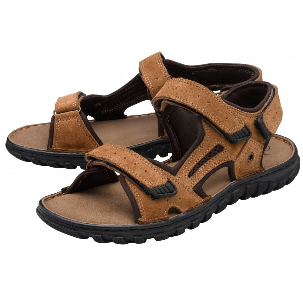Lotus Serres Men's Suede Leather 3 Strap Adjustable Sandal Tan
