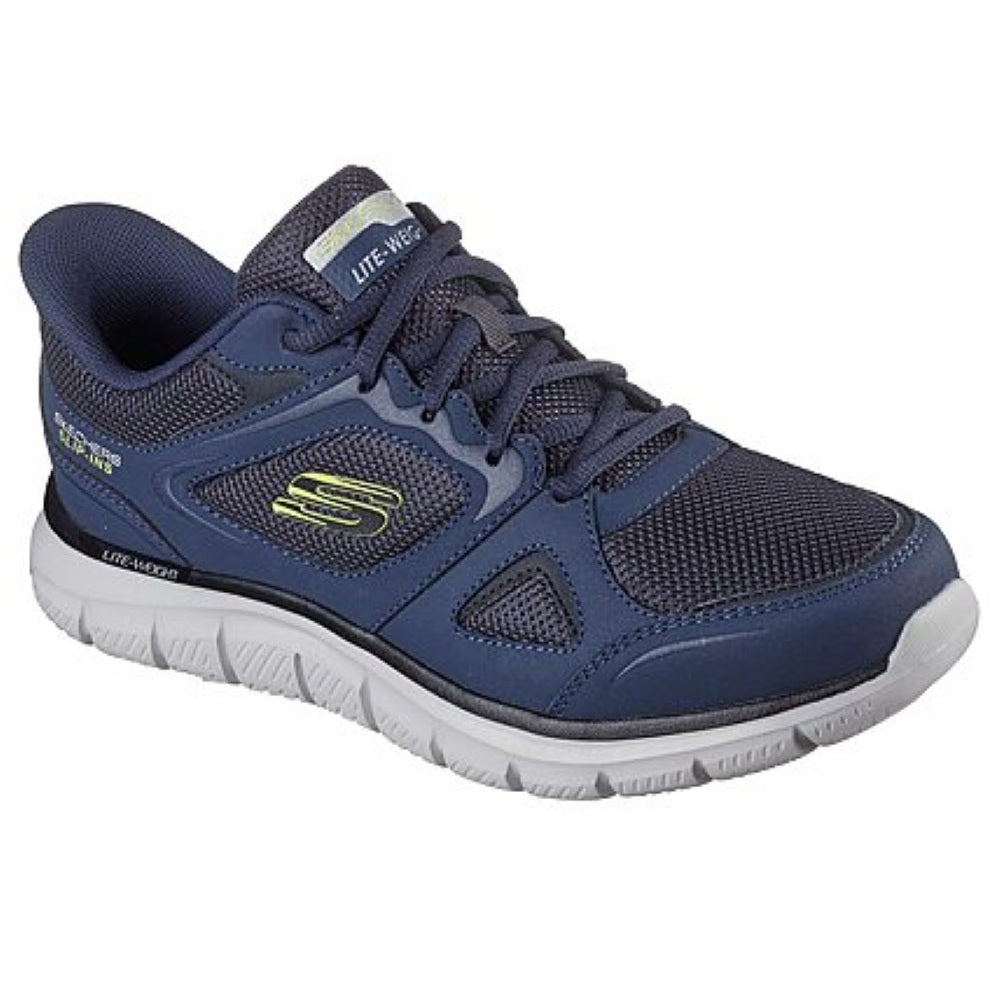 Skechers Track Ezral Men's Slip In Leather & Mesh Lace Up Memory Foam Trainer Navy/Lime