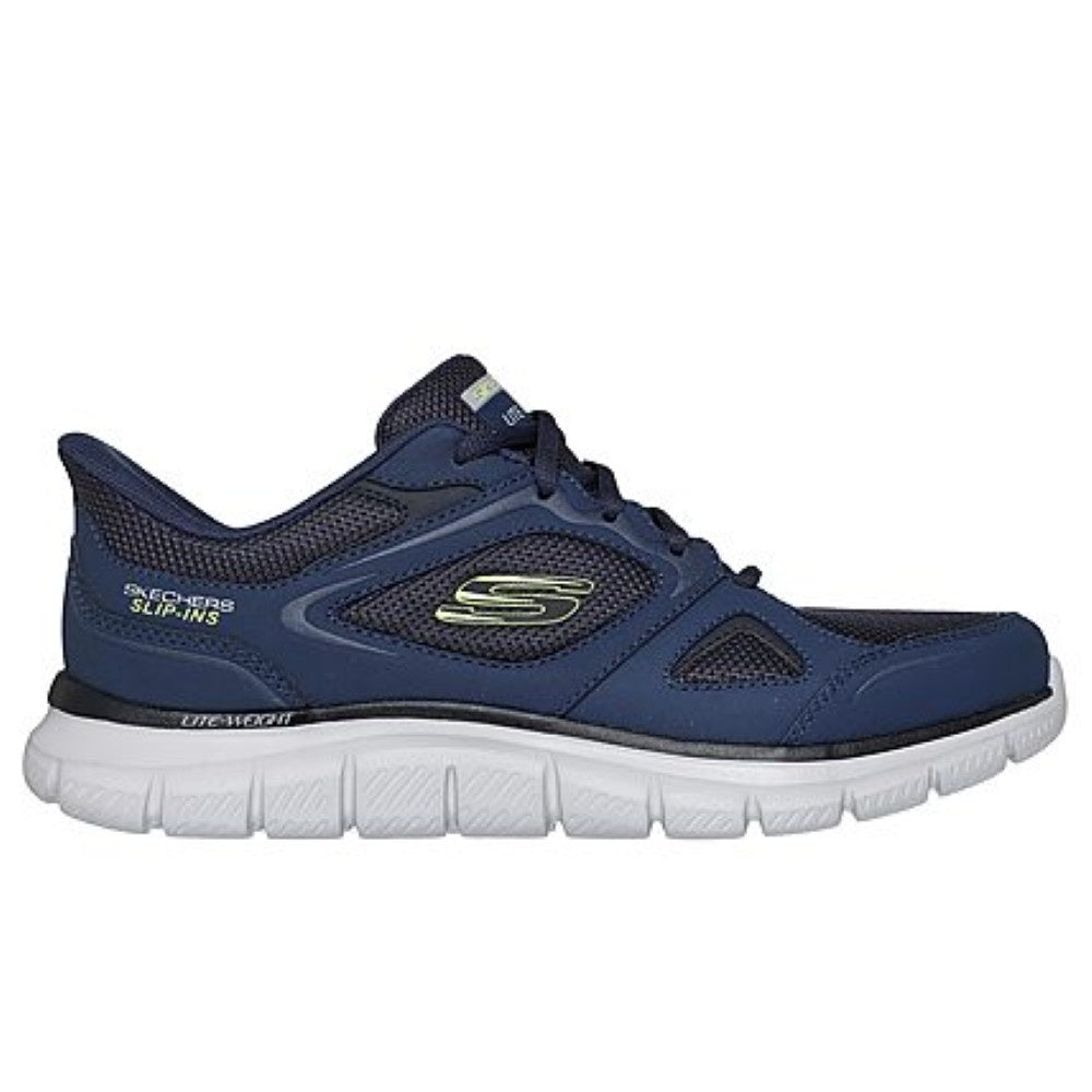 Skechers Track Ezral Men's Slip In Leather & Mesh Lace Up Memory Foam Trainer Navy/Lime