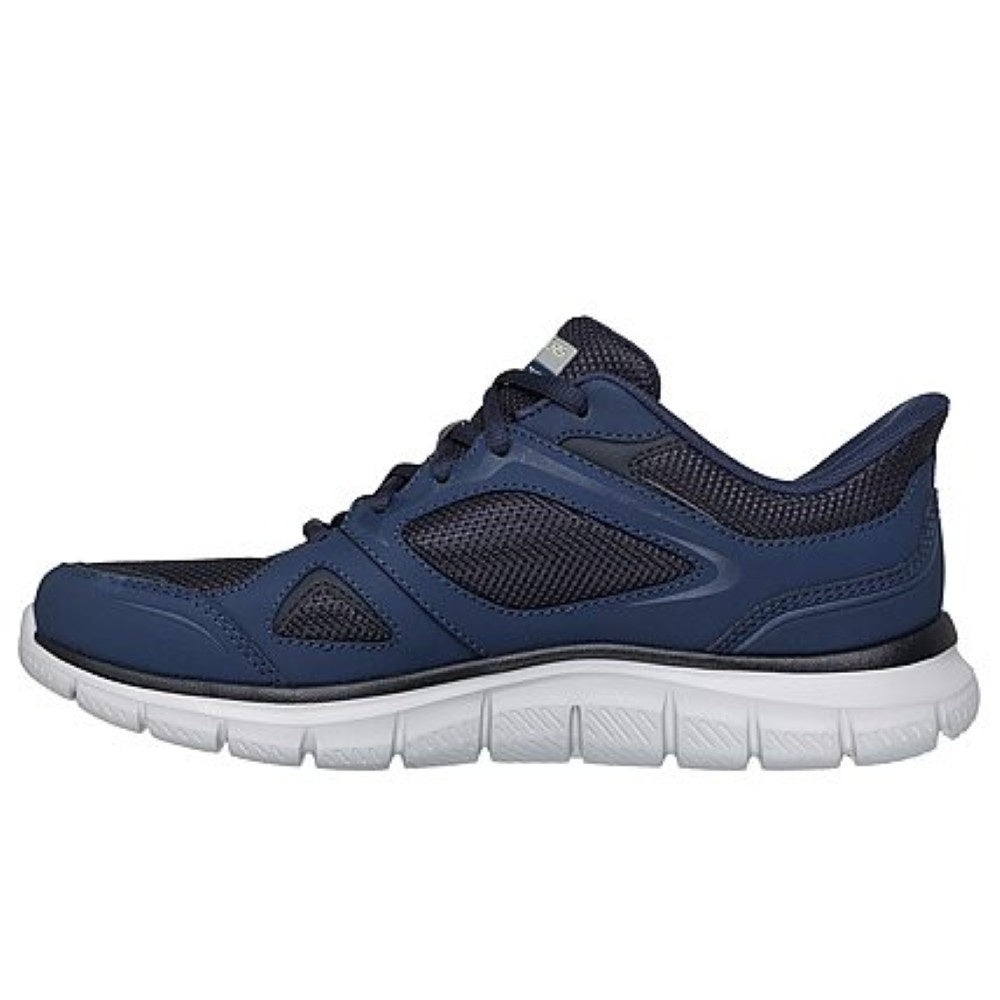 Skechers Track Ezral Men's Slip In Leather & Mesh Lace Up Memory Foam Trainer Navy/Lime