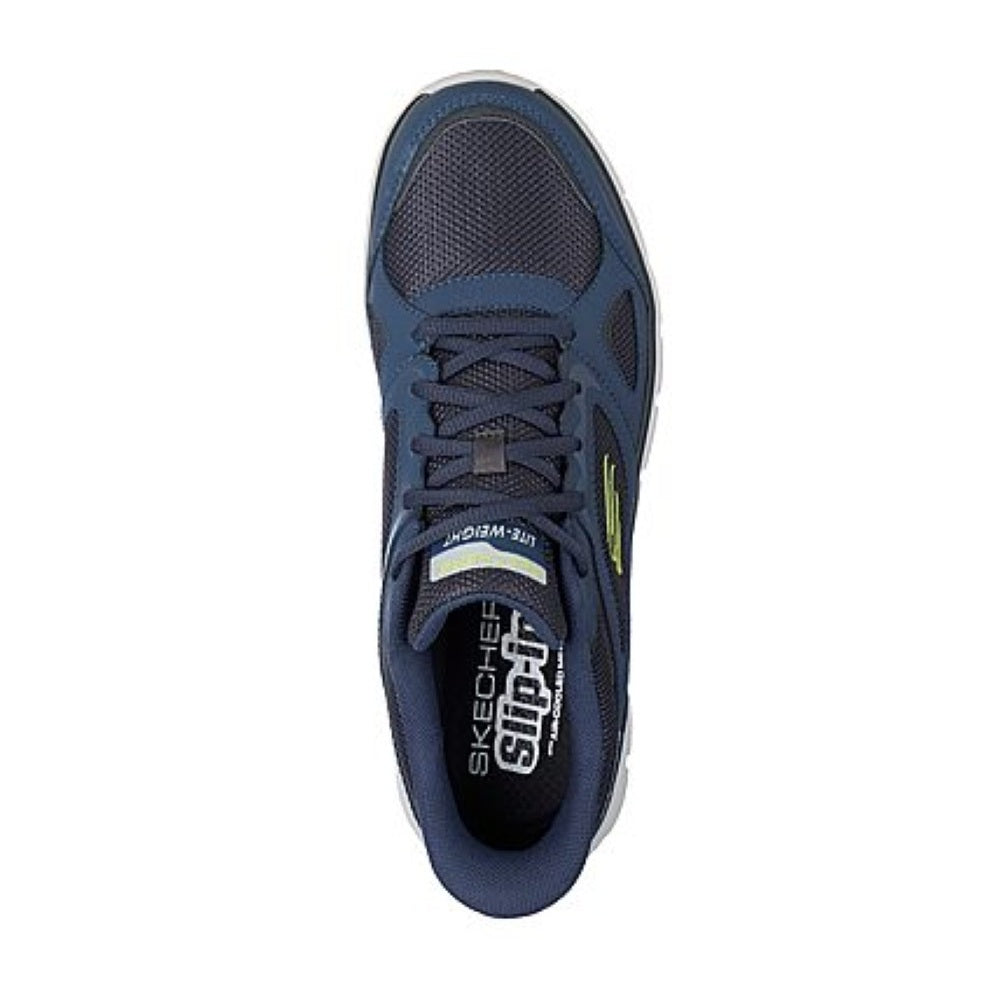 Skechers Track Ezral Men's Slip In Leather & Mesh Lace Up Memory Foam Trainer Navy/Lime