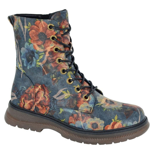 Cipriata Ambretta Women's Lace/Zip Military Style Memory Foam Boot Blue Multi Floral