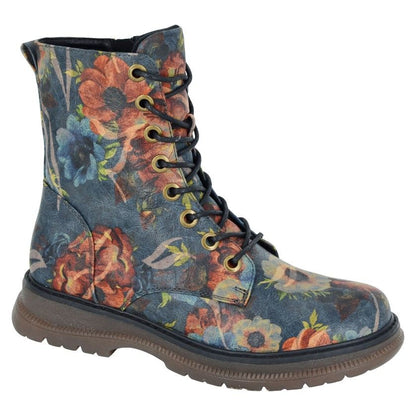 Cipriata Ambretta Women's Lace/Zip Military Style Memory Foam Boot Blue Multi Floral