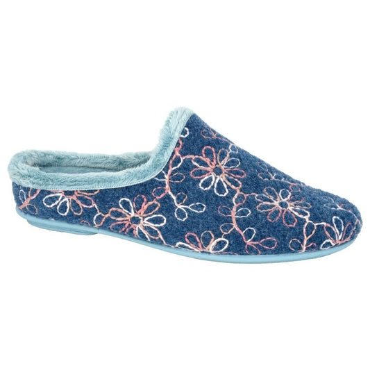 Sleepers Eloise Women's Flower Stitch Patterned Mule Slipper Blue