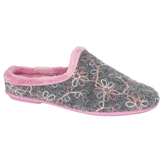 Sleepers Eloise Women's Flower Stitch Patterned Mule Slipper Grey
