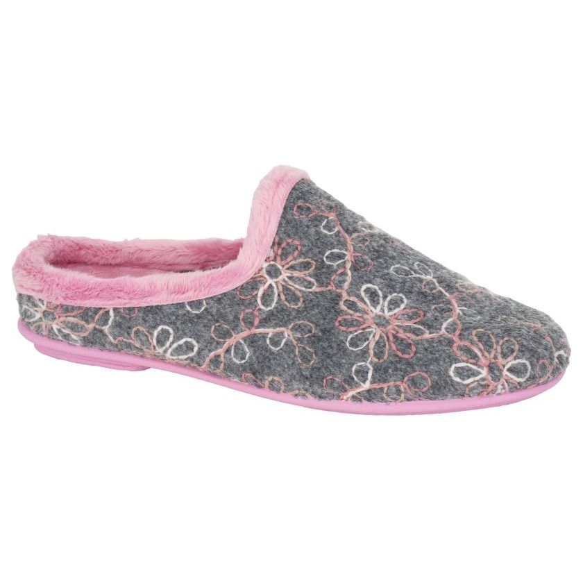 Sleepers Eloise Women's Flower Stitch Patterned Mule Slipper Grey